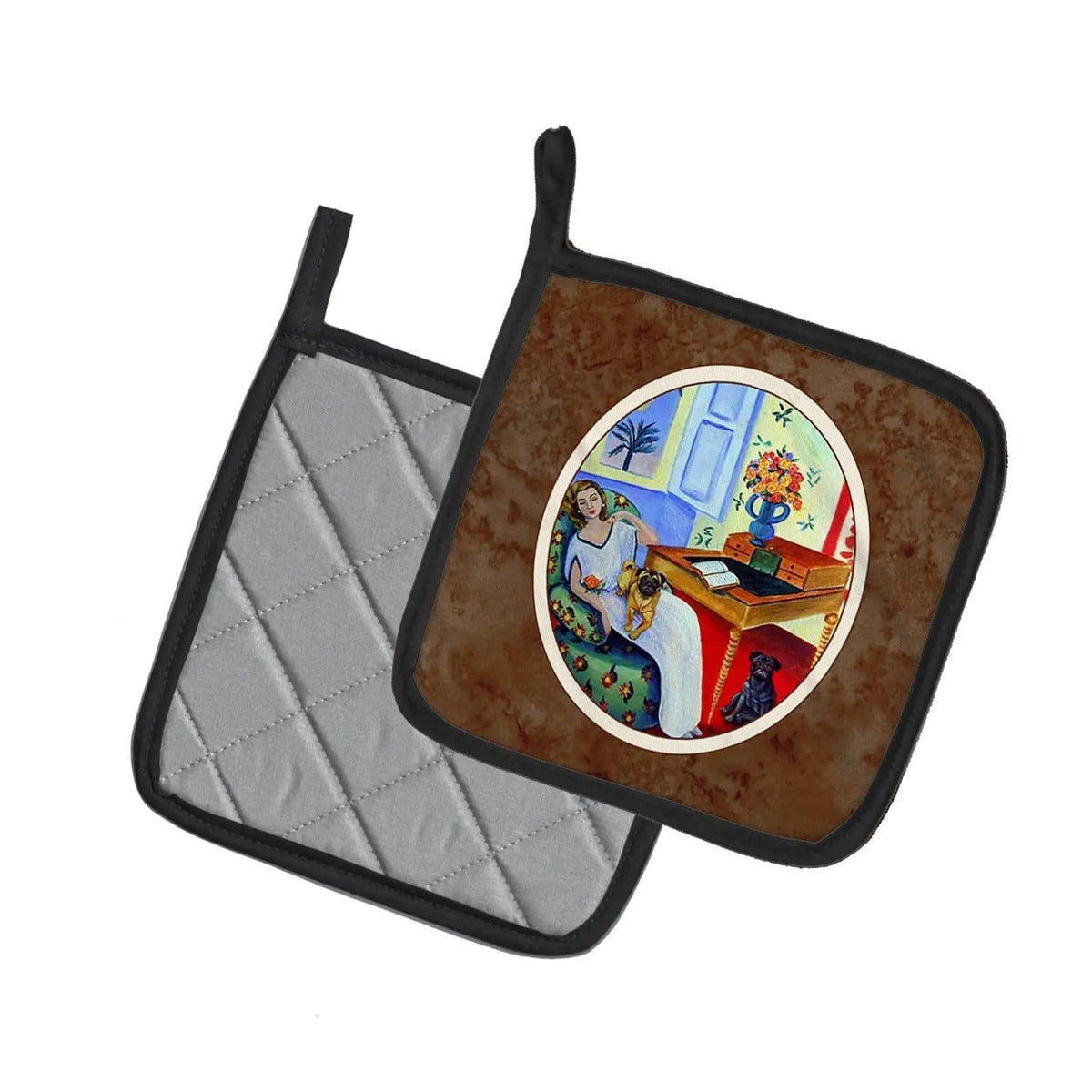 Pot Holder Set of 2 | Heat Resistant Quilted Hot Pads | 7.5 x 7.5 Inch | Lady with her Pug (Style 2)
