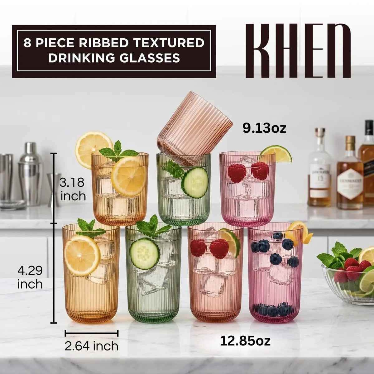 Ribbed Glasses - 4 Highball Glasses & 4 Lowball | 12.85 oz | Set of 8 | Drinkware Set