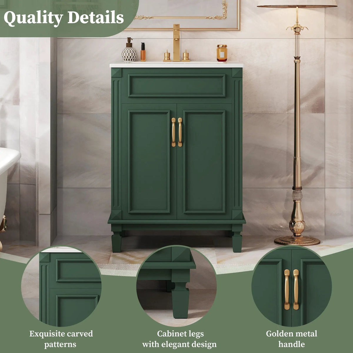 24 Inch Bathroom Vanity With Top Sink | Rubberwood Frame | 2 Soft Closing Doors | Glossy Ceramic Basin