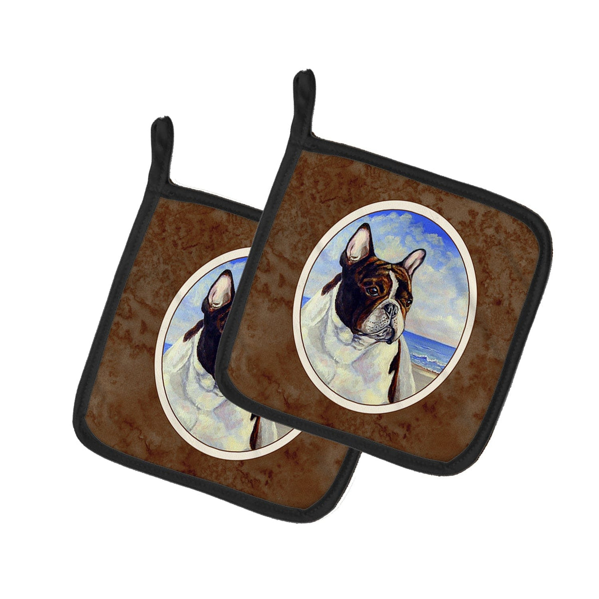 Pot Holder Set of 2 | Heat Resistant Quilted Hot Pads | 7.5 x 7.5 Inch | French Bulldog at the beach