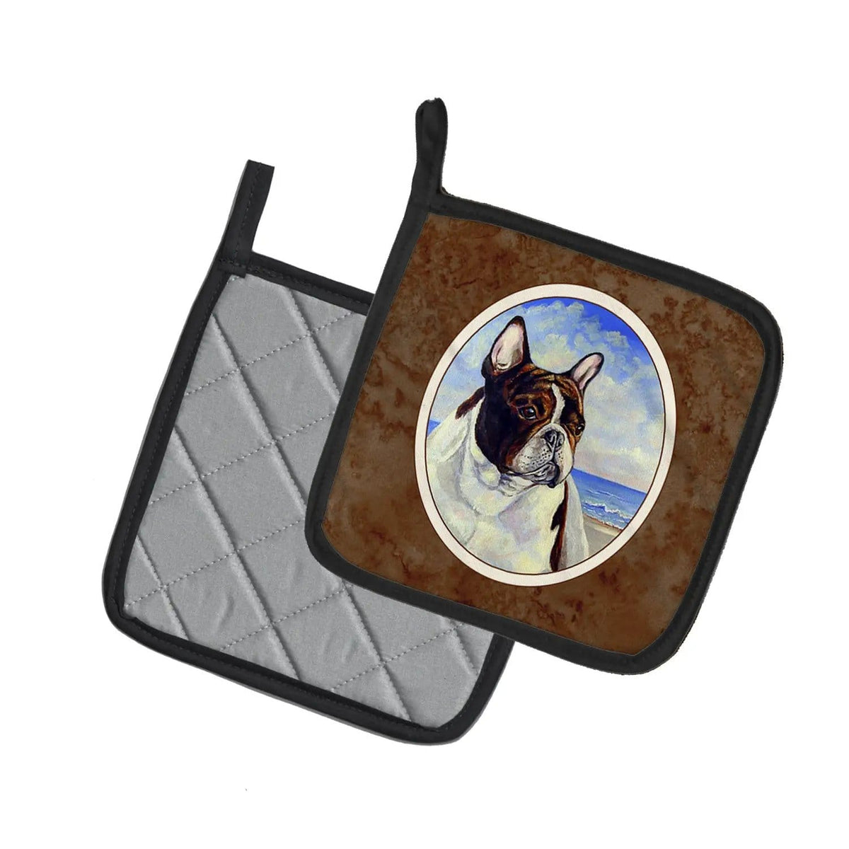 Pot Holder Set of 2 | Heat Resistant Quilted Hot Pads | 7.5 x 7.5 Inch | French Bulldog at the beach