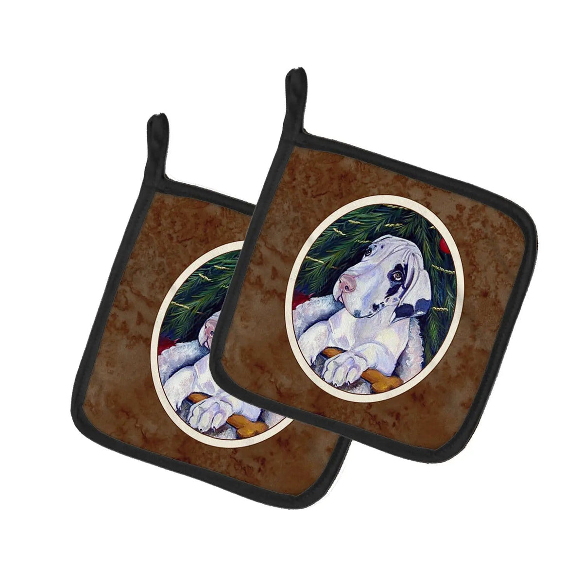 Pot Holder Set of 2 | Heat Resistant Quilted Hot Pads | 7.5 x 7.5 Inch | Christmas Tree with Harlequin Great Dane