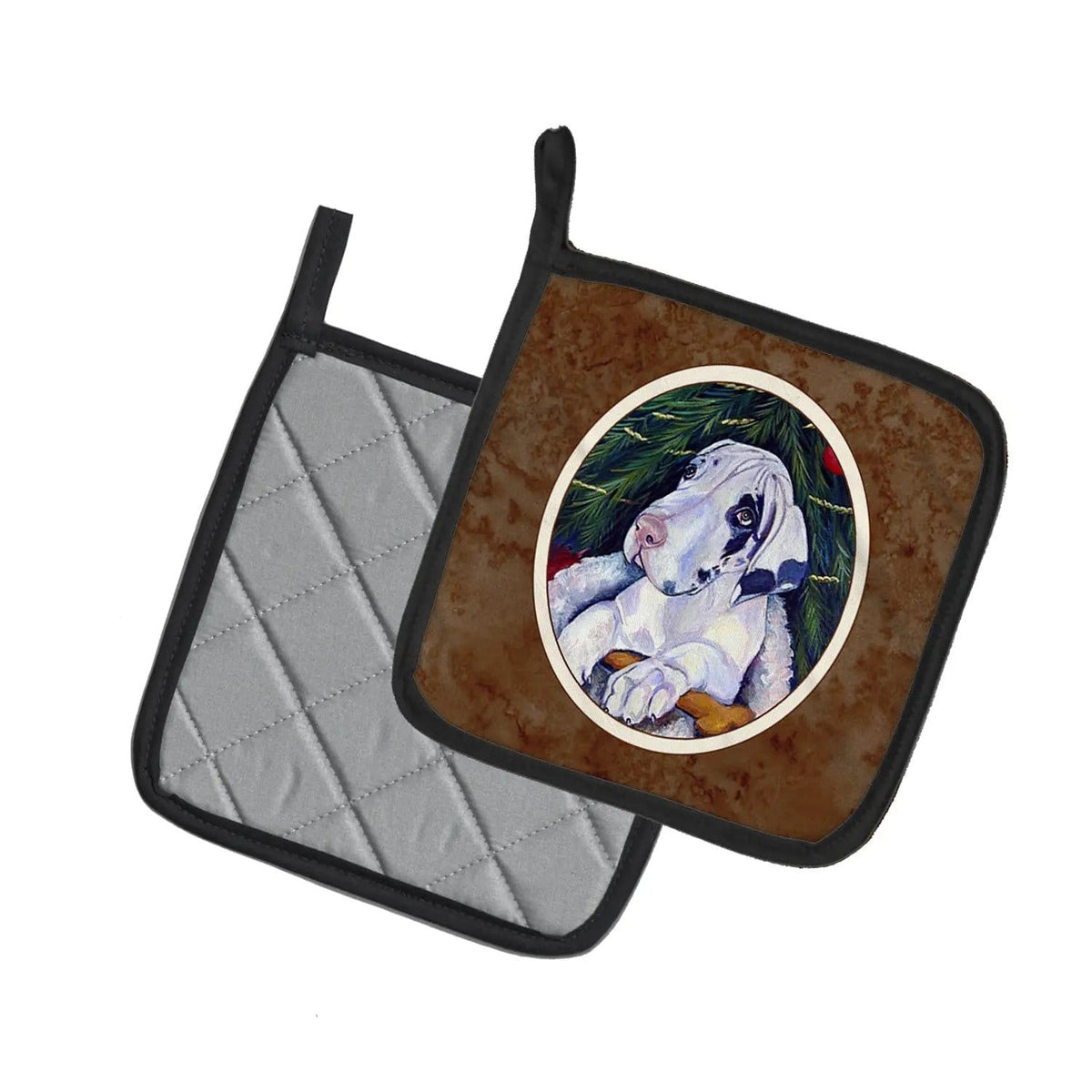 Pot Holder Set of 2 | Heat Resistant Quilted Hot Pads | 7.5 x 7.5 Inch | Christmas Tree with Harlequin Great Dane