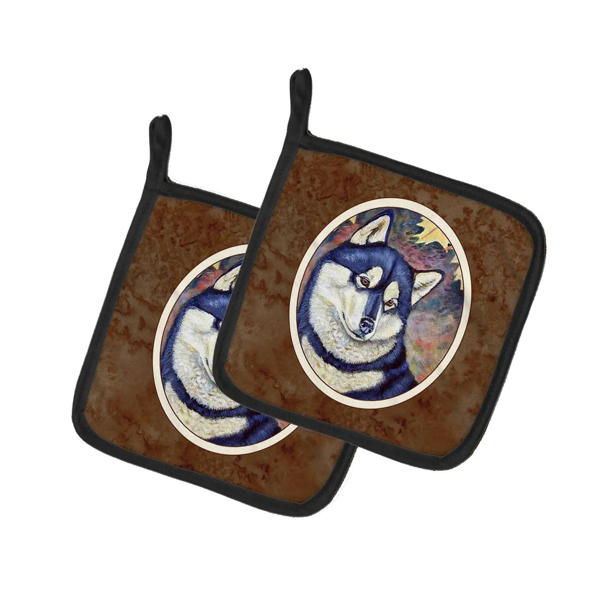 Pot Holder Set of 2 | Heat Resistant Quilted Hot Pads | 7.5 x 7.5 Inch | Fall Leaves Siberian Husky