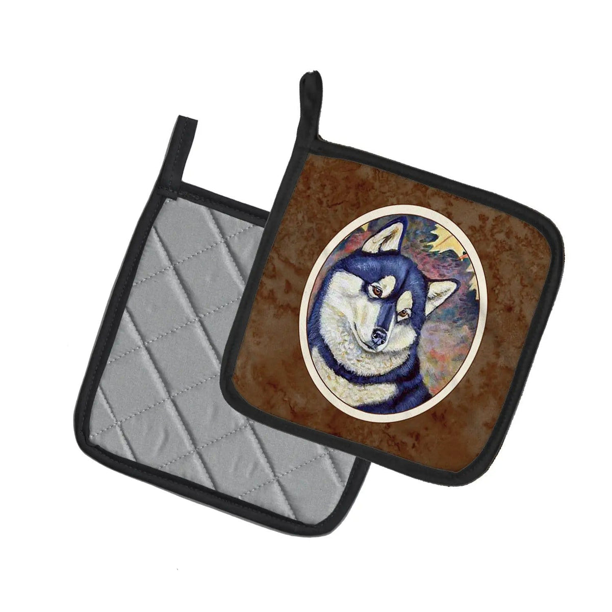 Pot Holder Set of 2 | Heat Resistant Quilted Hot Pads | 7.5 x 7.5 Inch | Fall Leaves Siberian Husky