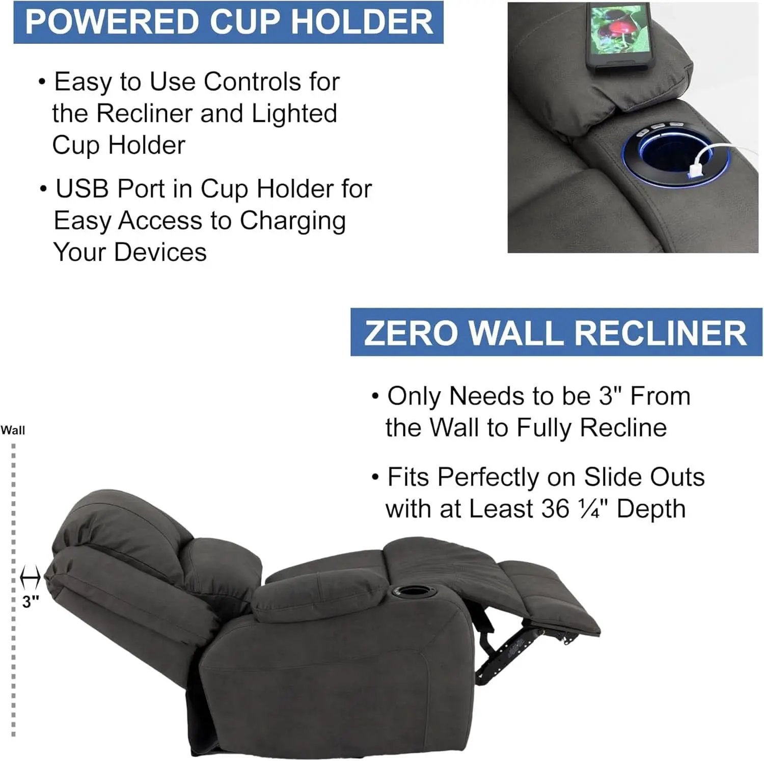 67 Inch Powered Wall Hugger Recliner Sofa Gunmetal Fabric from PriceLows™