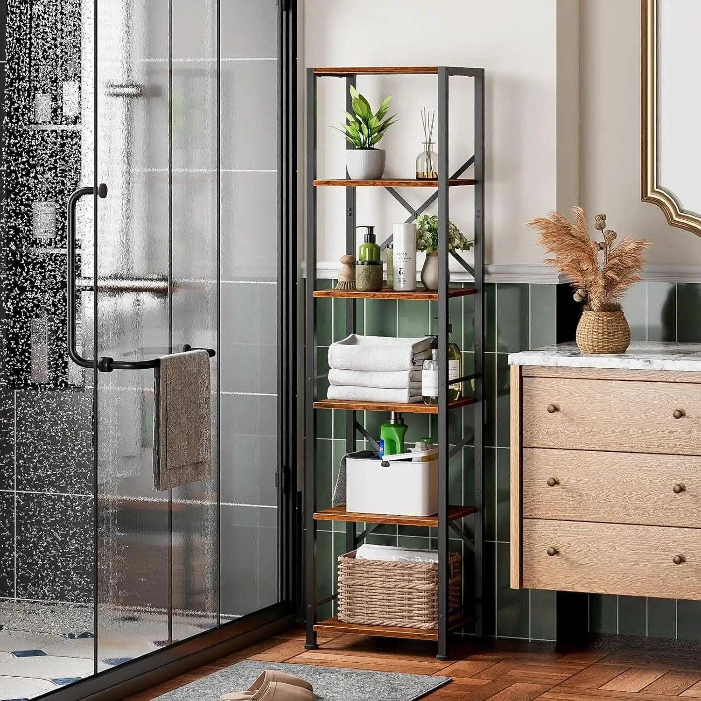 Tall Industrial Bookcase 6 Tier Rustic Brown Storage from PriceLows™