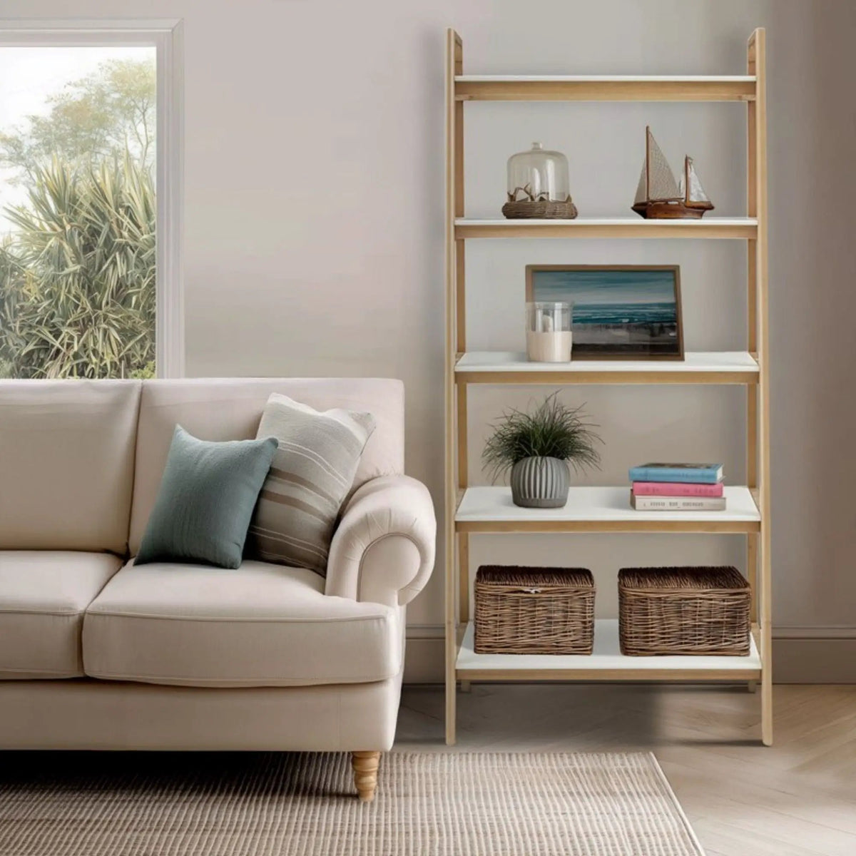 Parker Ladder Bookcase | 5 Shelves | Off White And Natural | Mid-Century Design