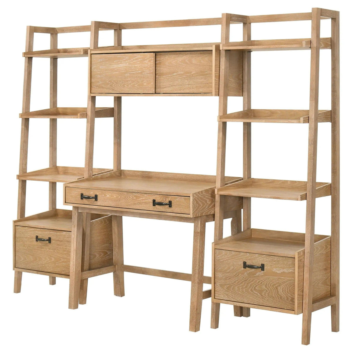 Fabian 4-piece Computer Desk and Bookshelf Set Distressed Light | 4-Piece Set | Rubberwood & Engineered Wood | Brown