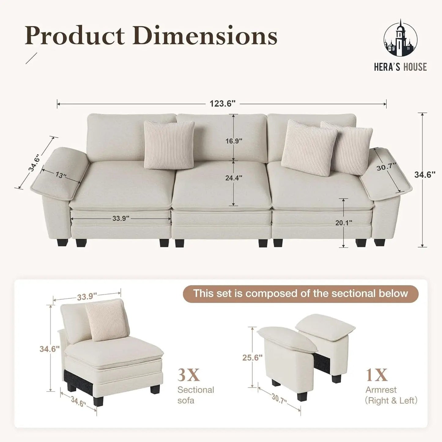 124 Inch Chenille Beige Modular Sectional Sofa With Throw Pillows from PriceLows™