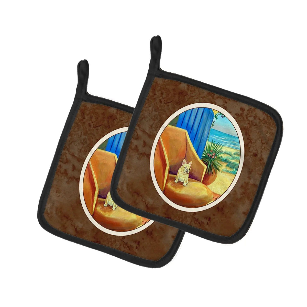 Pot Holder Set of 2 | Heat Resistant Quilted Hot Pads | 7.5 x 7.5 Inch | French Bulldog at the beach cottage