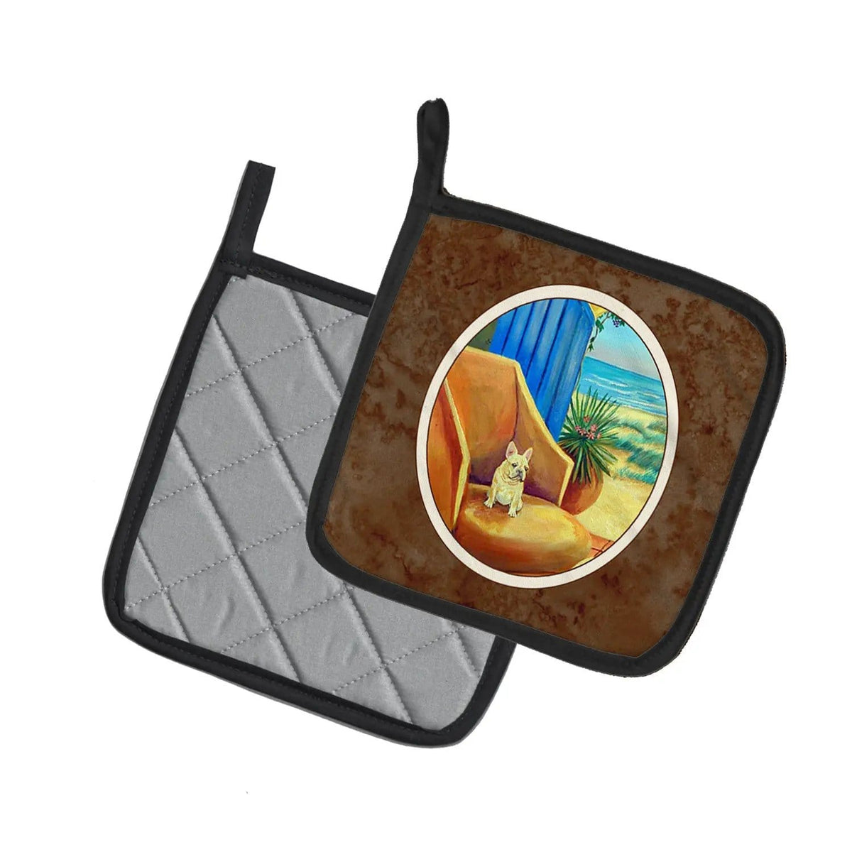 Pot Holder Set of 2 | Heat Resistant Quilted Hot Pads | 7.5 x 7.5 Inch | French Bulldog at the beach cottage