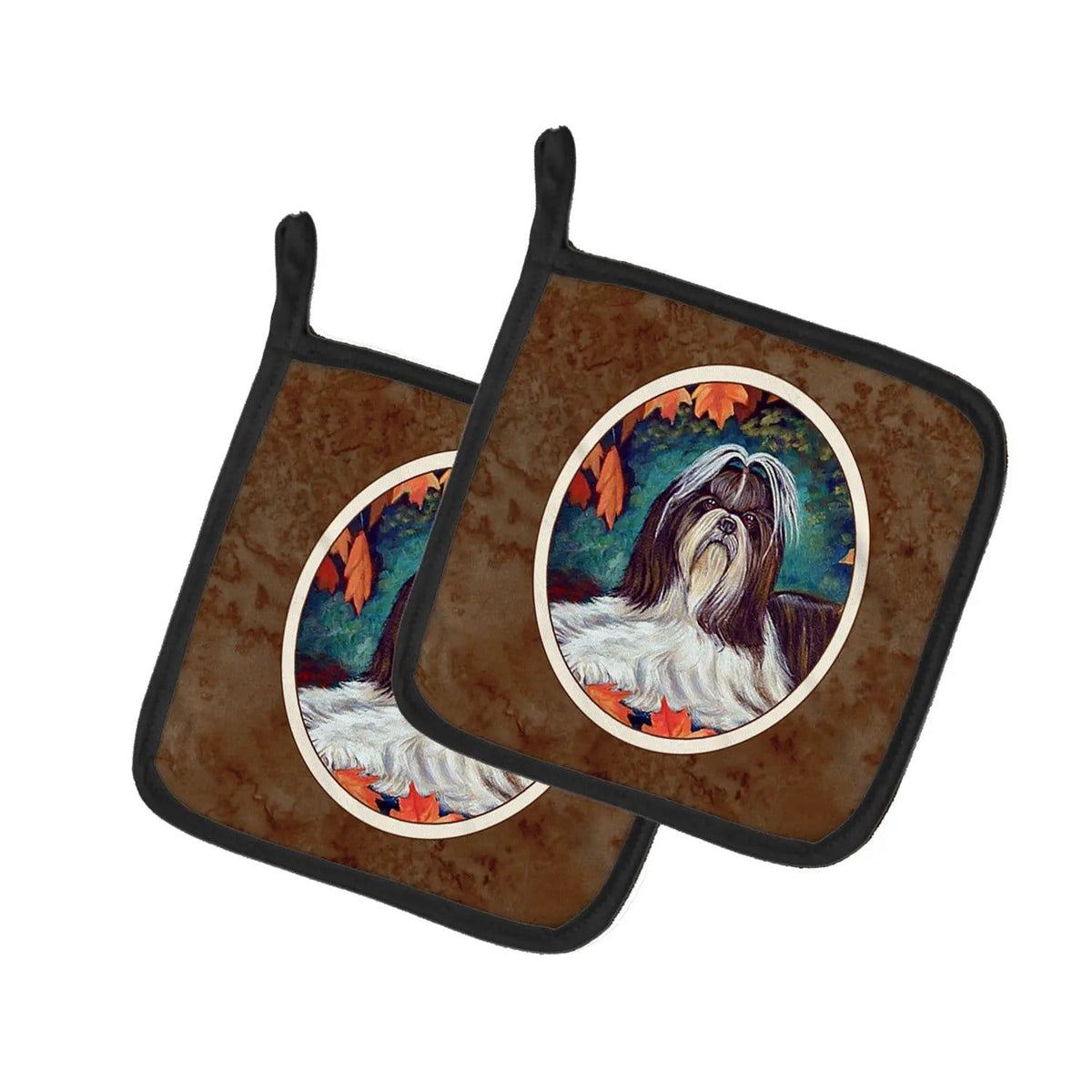 Pot Holder Set of 2 | Heat Resistant Quilted Hot Pads | 7.5 x 7.5 Inch | Autumn Leaves Shih Tzu