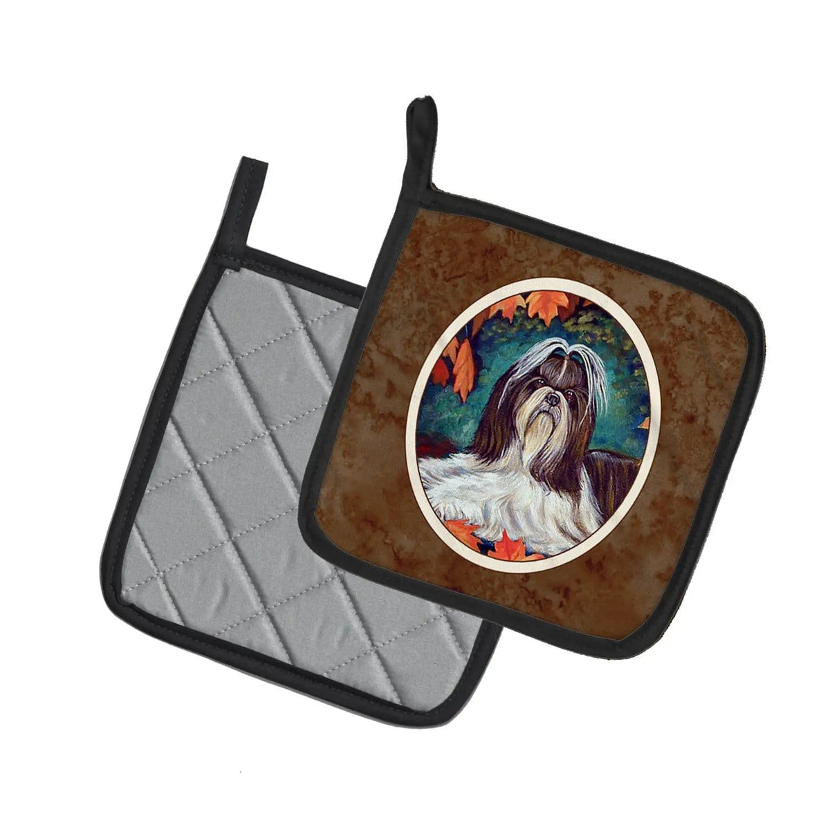 Pot Holder Set of 2 | Heat Resistant Quilted Hot Pads | 7.5 x 7.5 Inch | Autumn Leaves Shih Tzu