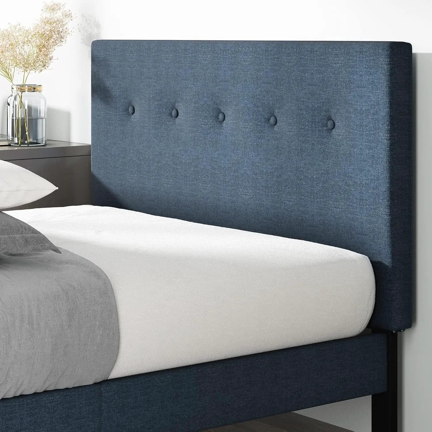 Omkaram Navy Upholstered Platform Bed Frame No Box Spring from PriceLows™