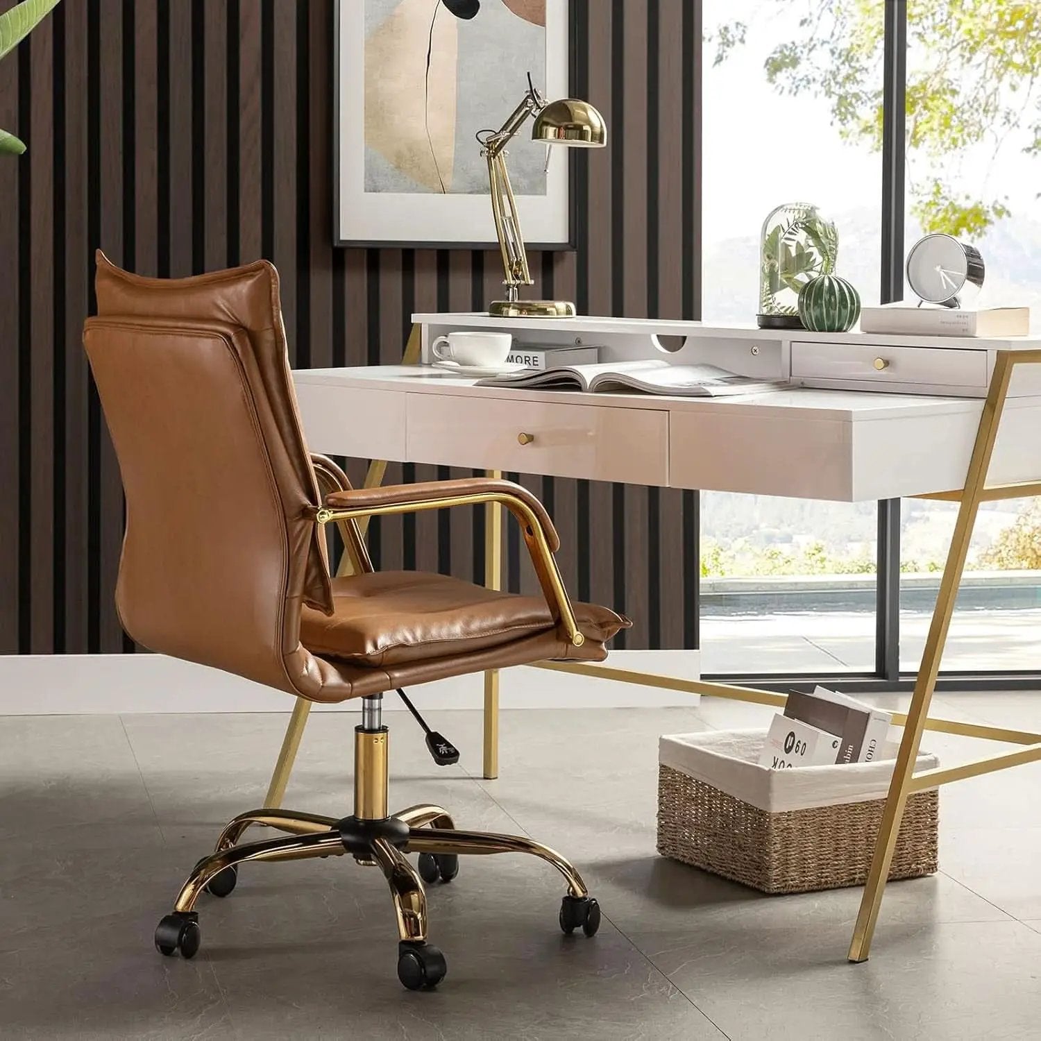 Adjustable Faux Leather Desk Chair With Golden Legs Camel from PriceLows™