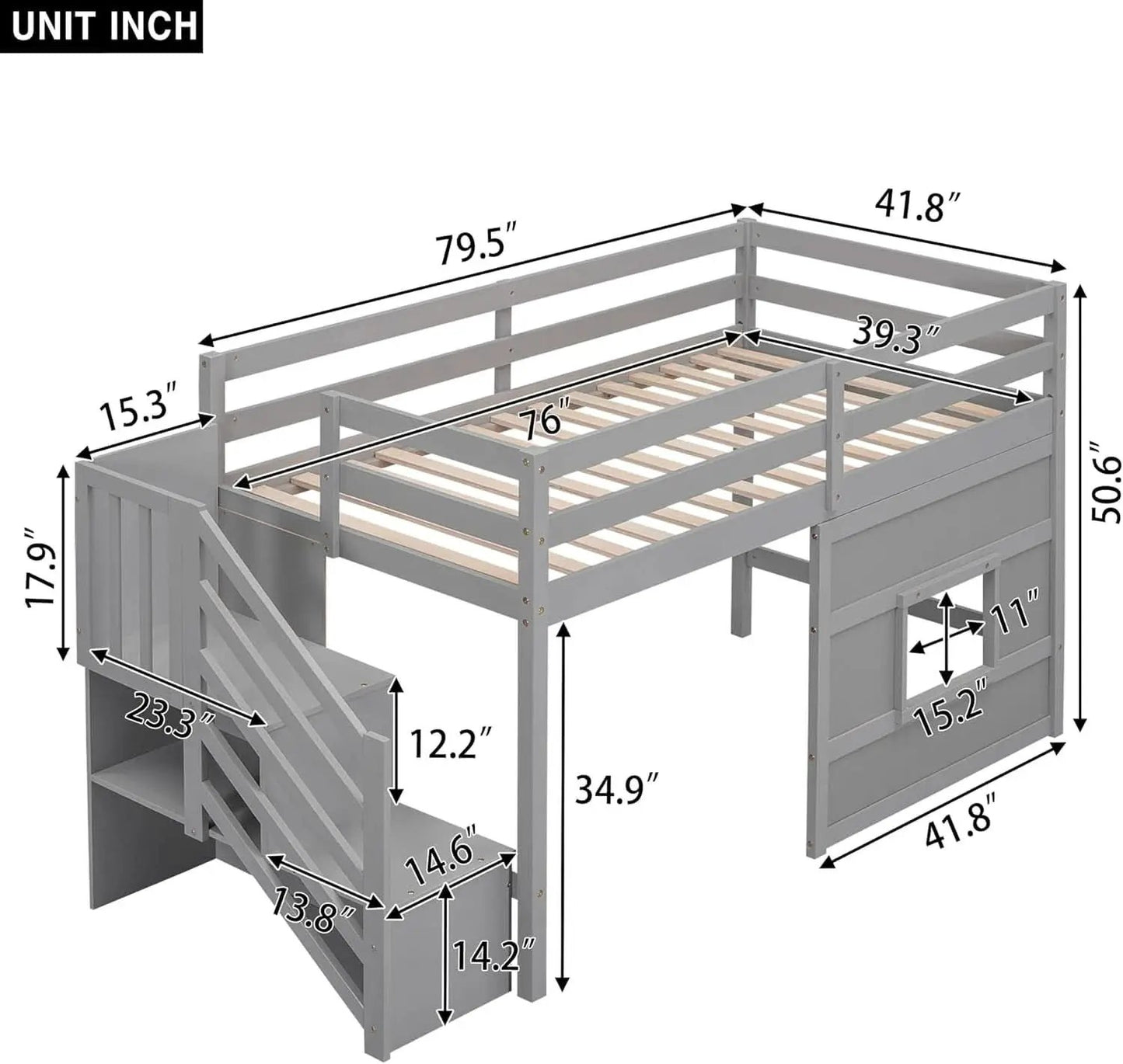 Twin Size Low Loft Bed In Gray With Stairs Storage from PriceLows™