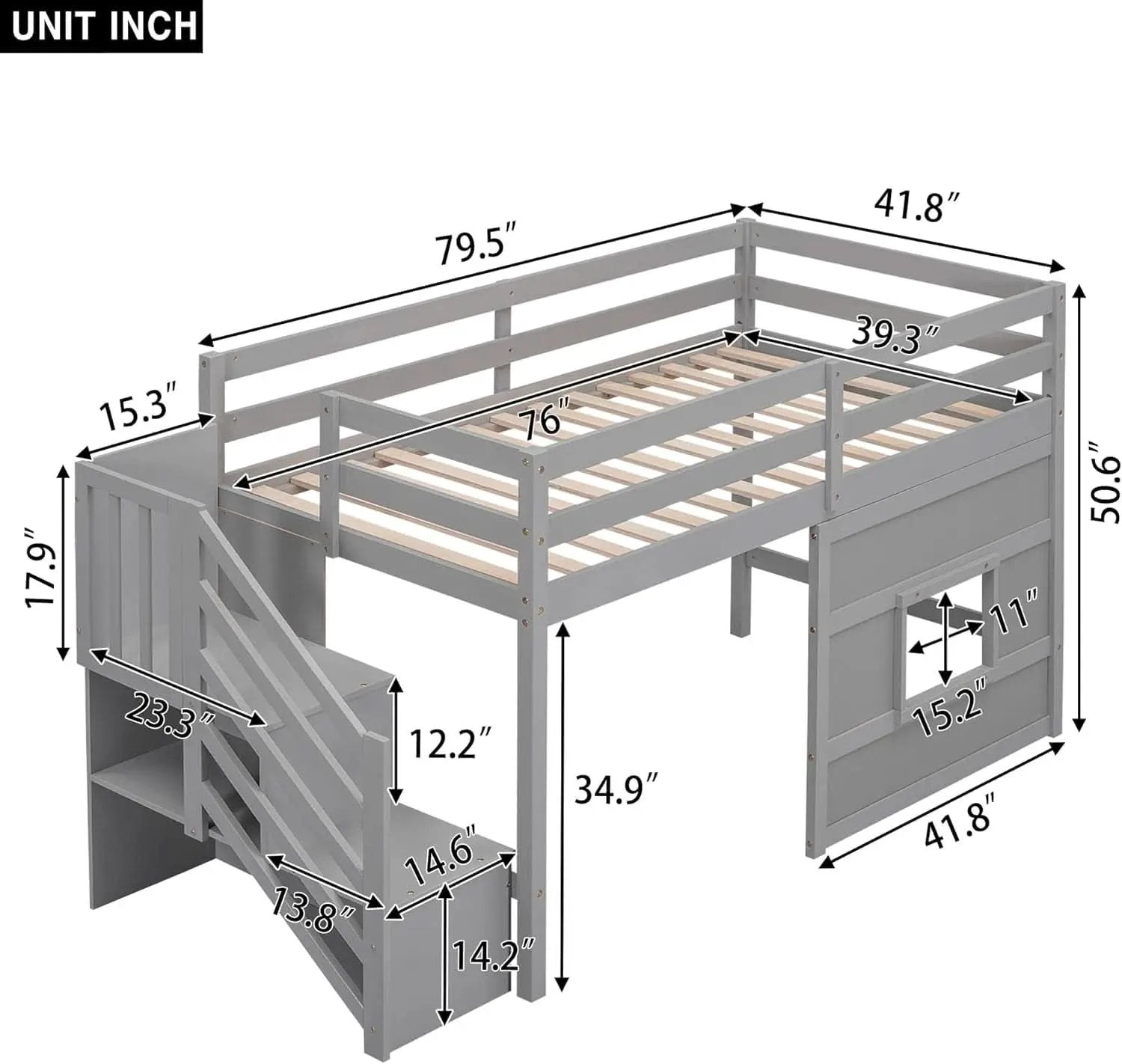 Twin Size Low Loft Bed In Gray With Stairs Storage from PriceLows™