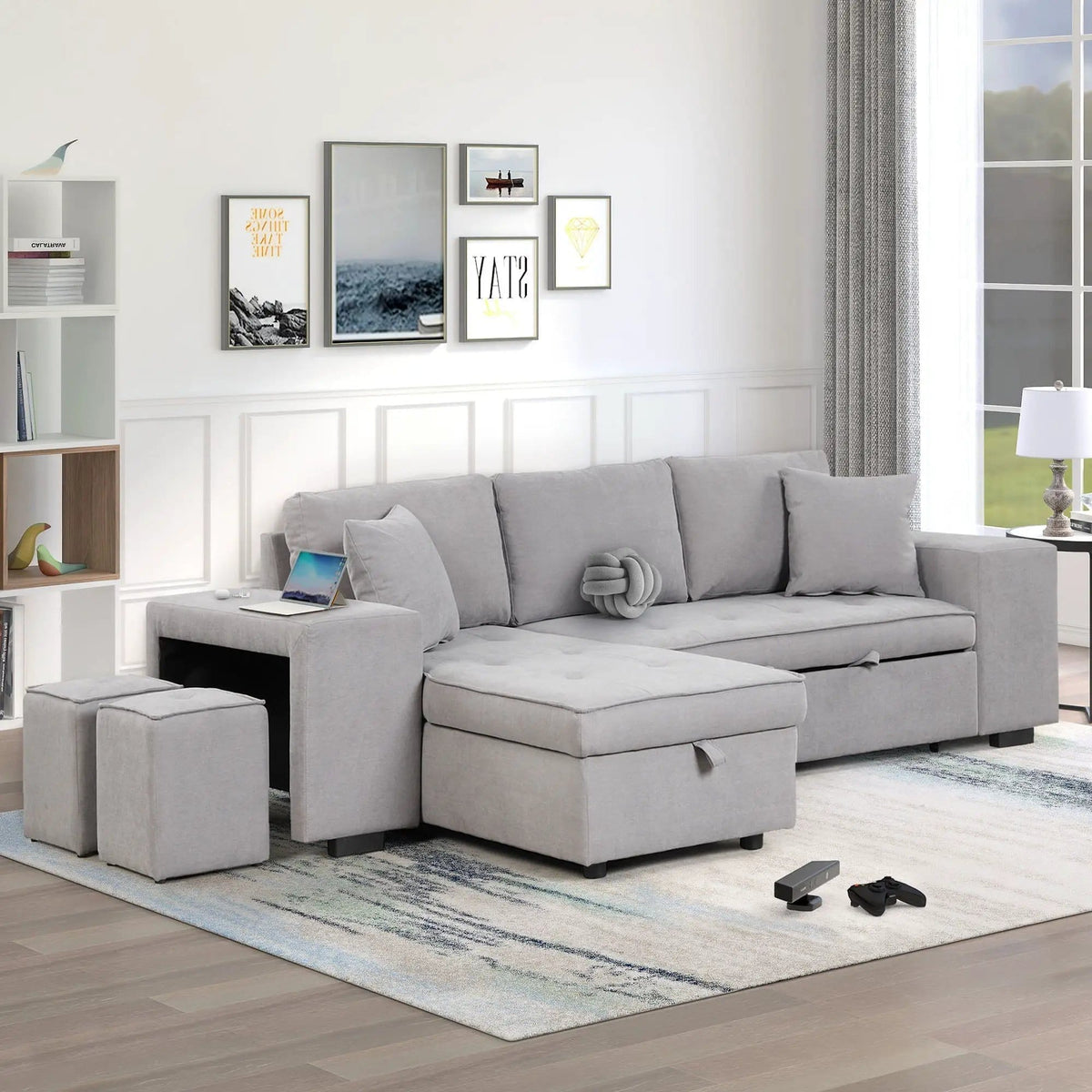Modern L-Shape 3 Seat Reversible Sectional Couch, Pull Out Sleeper Sofa With Storage | 4 Pieces | Fabric | Living Room