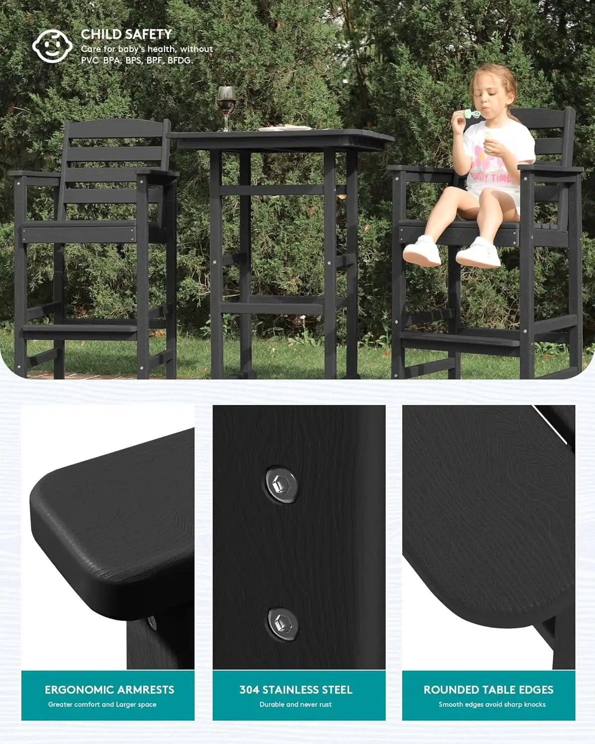 Black Balcony Adirondack Bar Chair Set With Table 3 Piece from PriceLows™