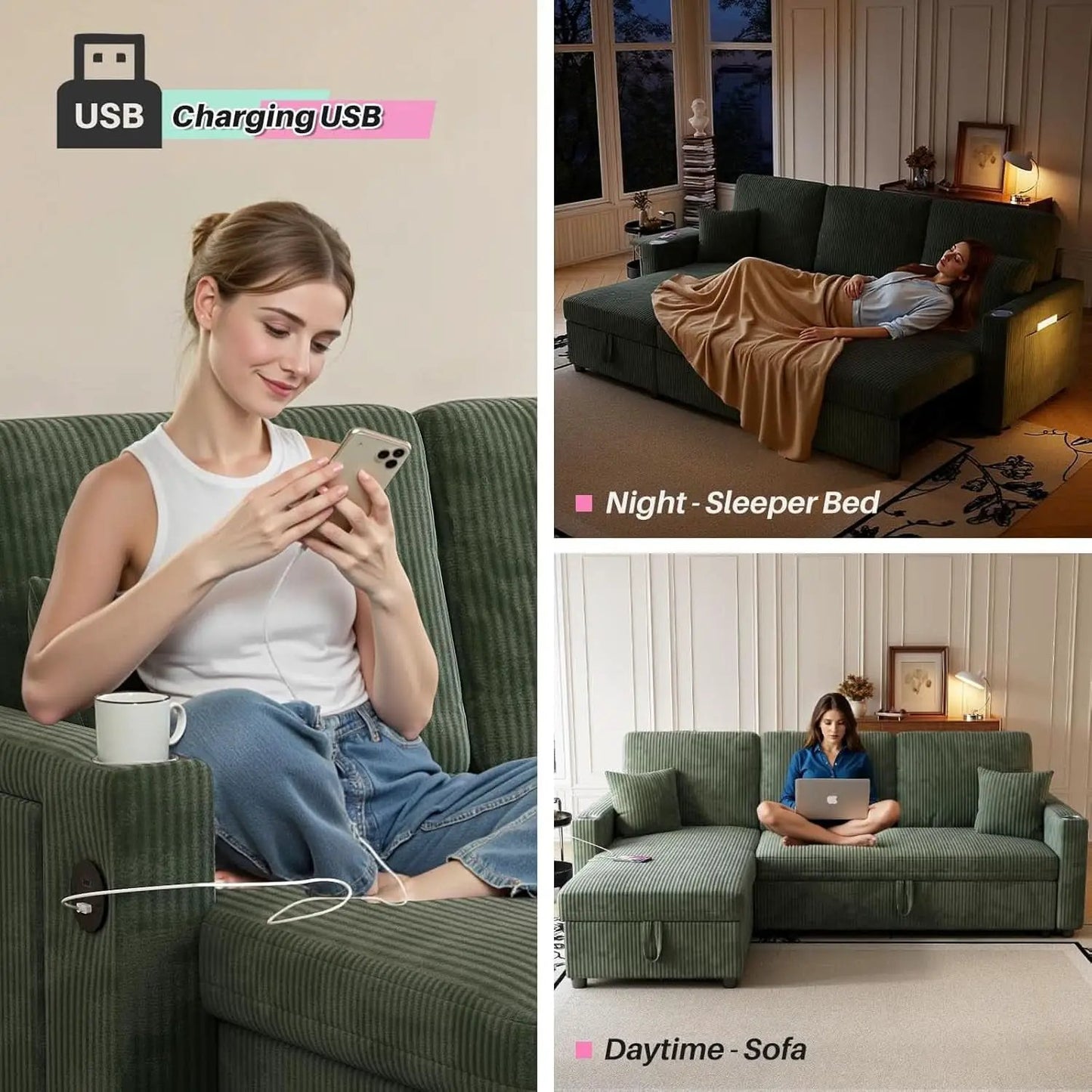 Luxurious Corduroy Green 83-Inch Sleeper Sectional Sofa from PriceLows™