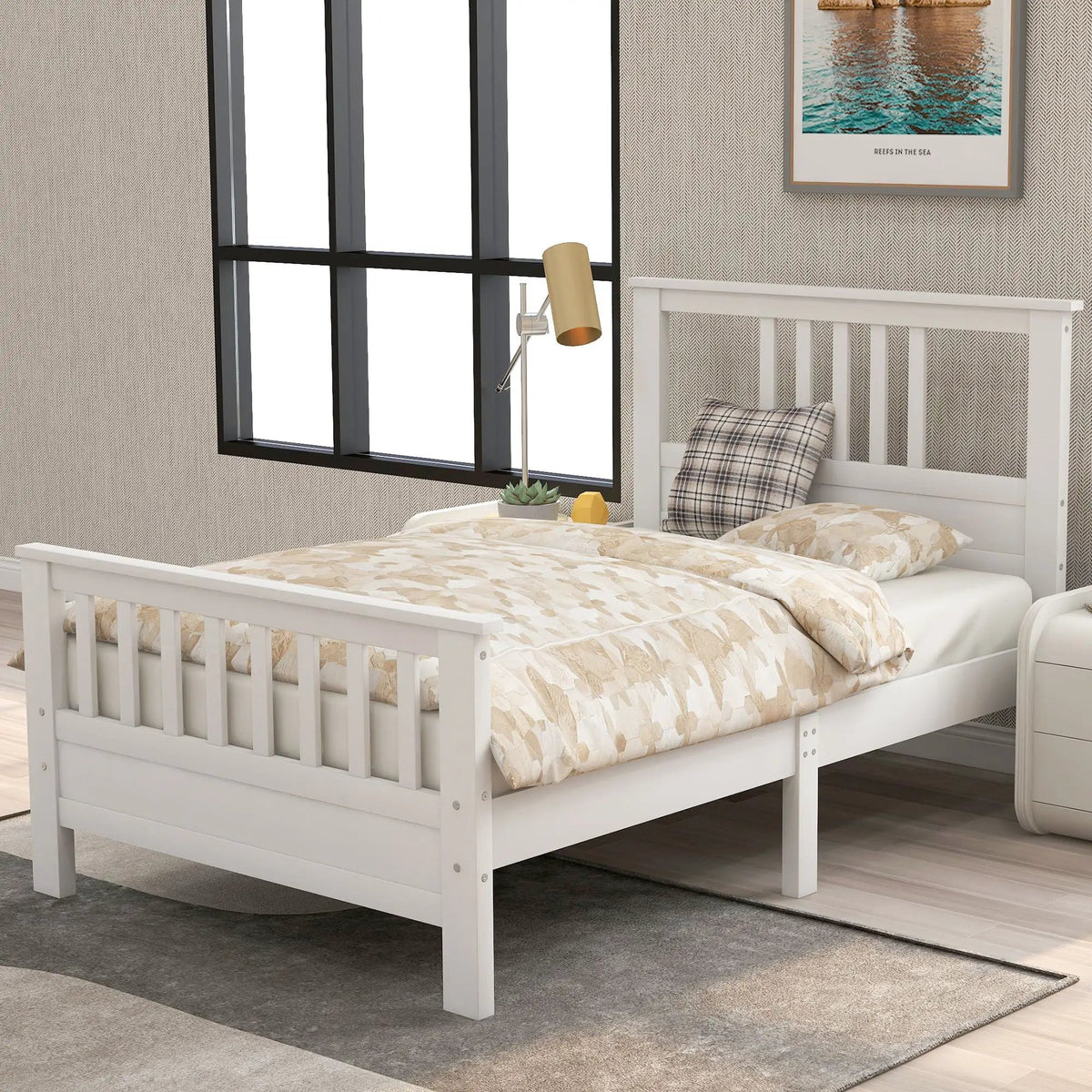 Platform Bed | Solid Pine Frame | Paneled Headboard | Wood Slats