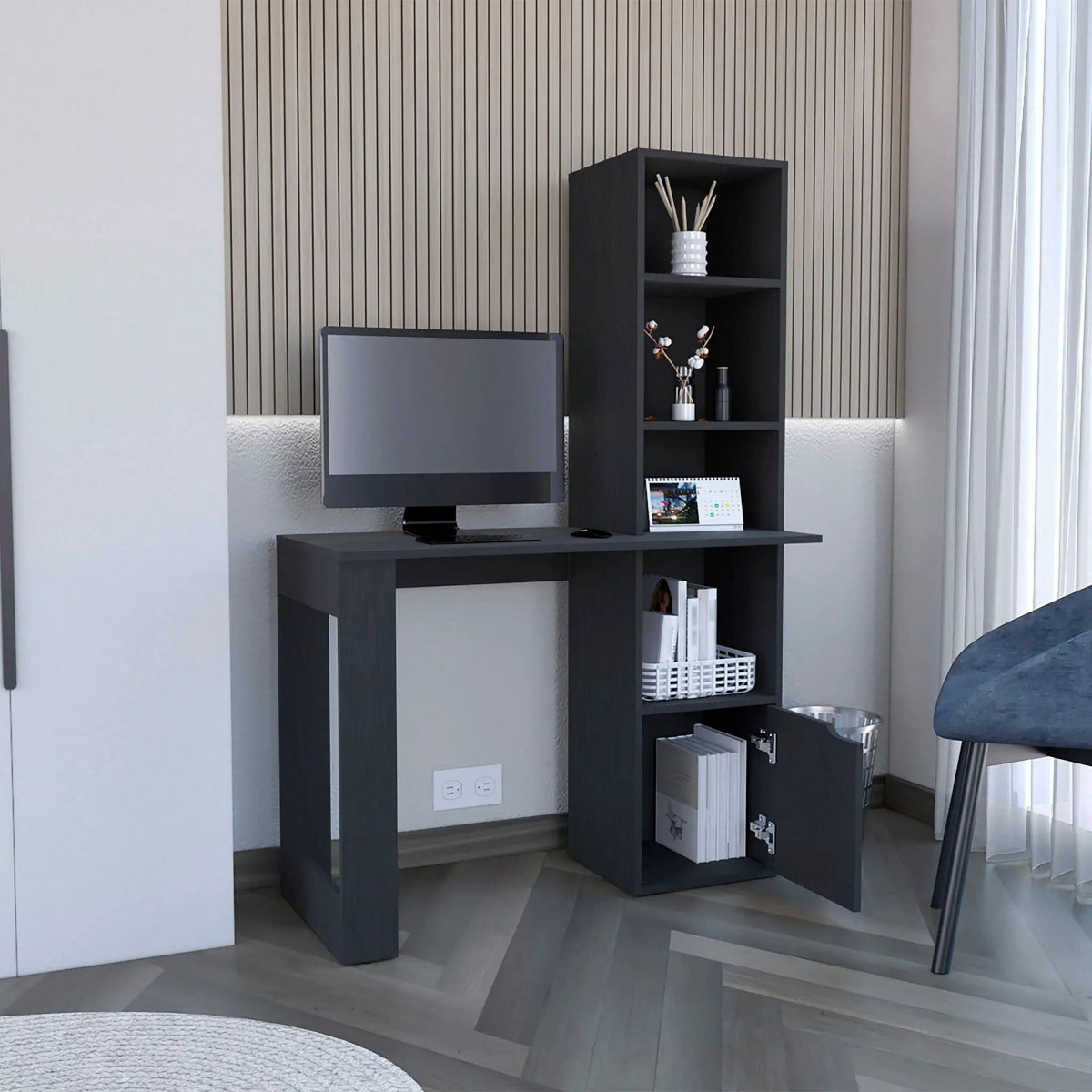 Writing Desk With Bookcase And Cabinet - | 17.8 x 38.8 x 58.3 in | Wood | Black