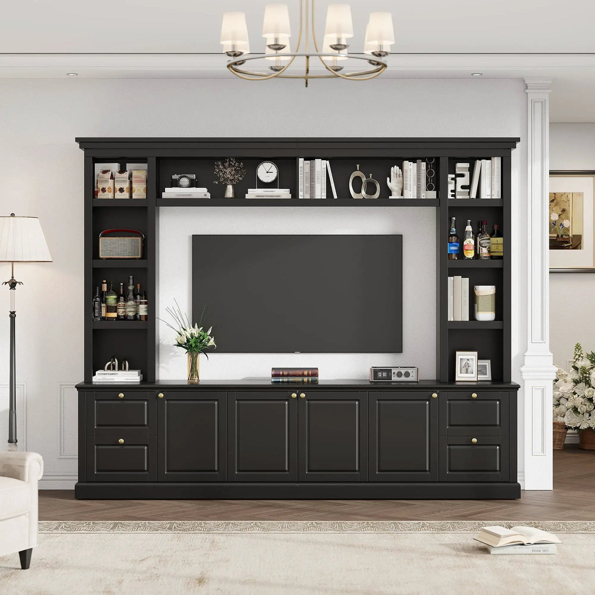 TV Stand With Bookcase | 3 Adjustable Shelves | Fits 70 Inch