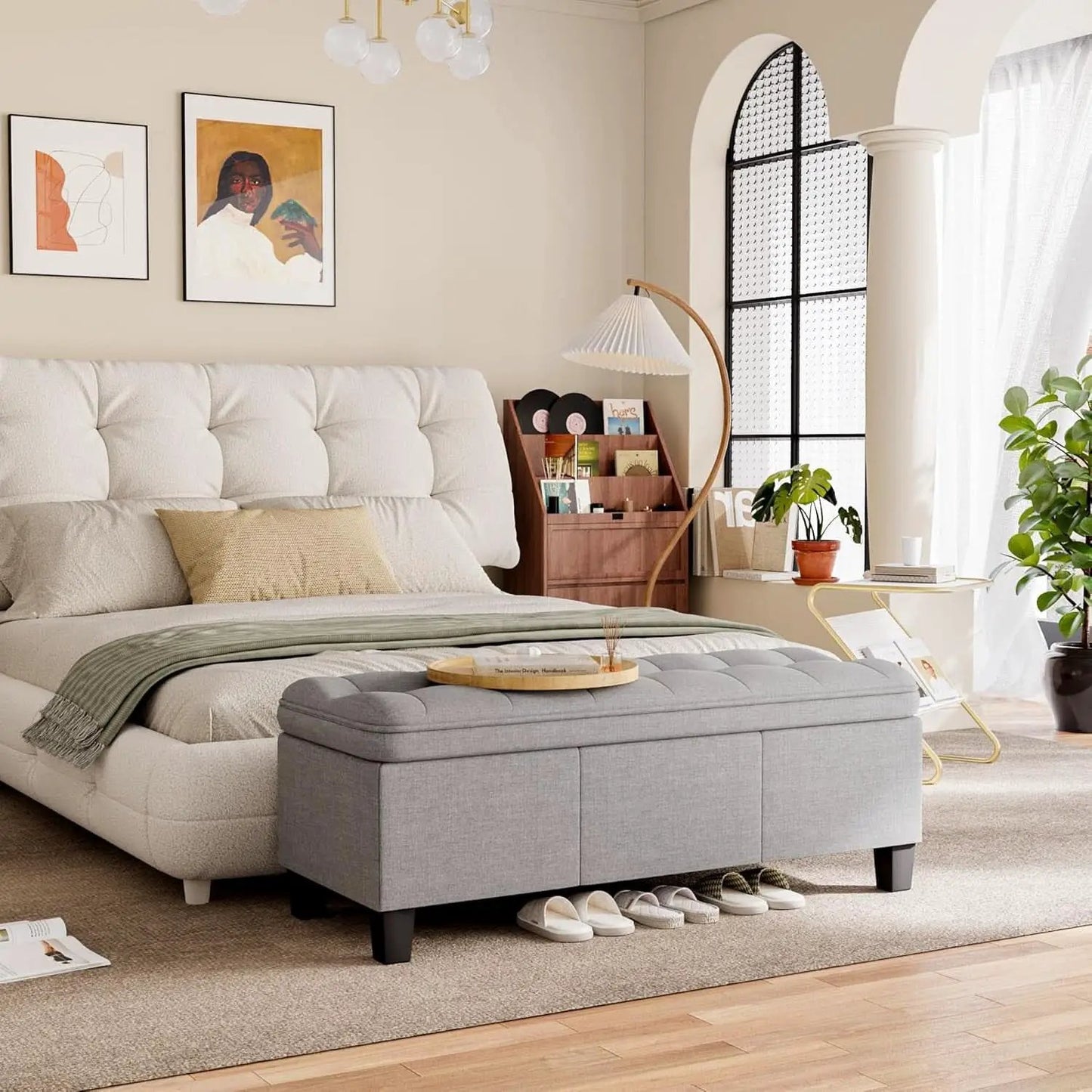 Forty Seven Inch Storage Ottoman Bench Linen Gray Fabric from PriceLows™