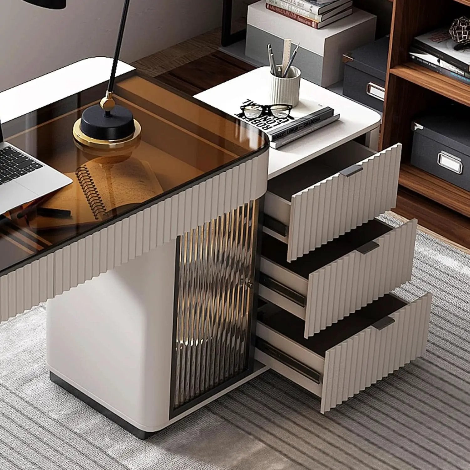 Ivory 50 Inch Office Computer Desk With Cabinet LED lights from PriceLows™