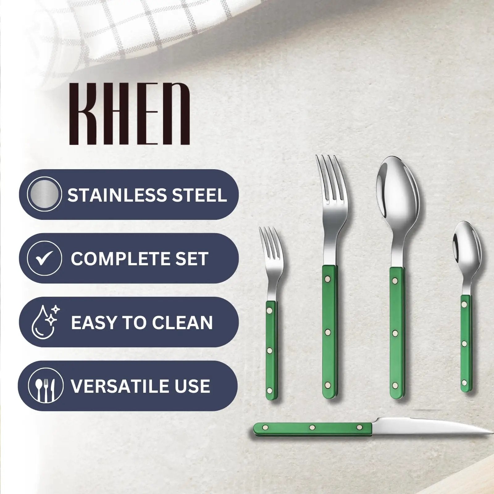 Khen Green Cutlery Set of 20 –18/8 Stainless Steel Flatware from PriceLows™