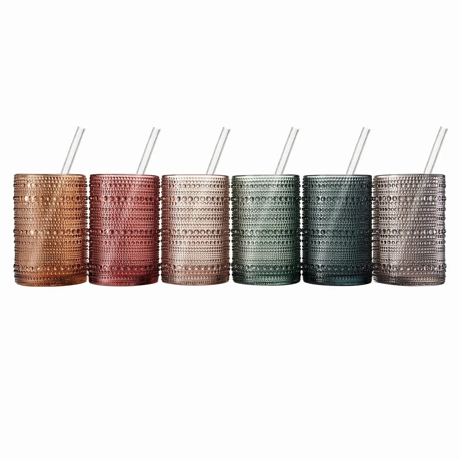 Khen Hobnail Drinking Glasses with Straws | Muted Colors | Set of 6 from PriceLows™