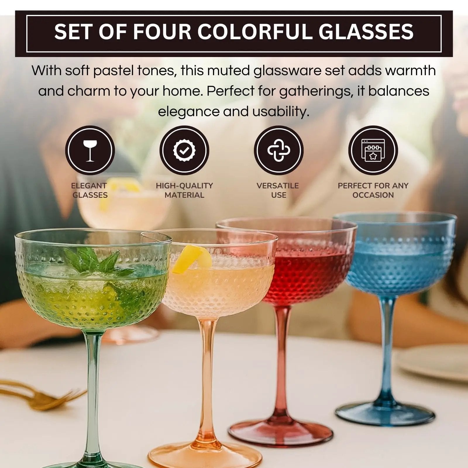Hobnail Coupes, Cocktail Glass | Set of 4 | Muted Colors from PriceLows™