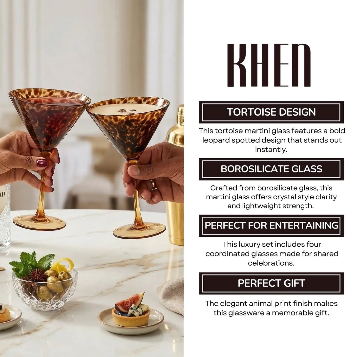 Tortoise Leopard Print Martini 9oz - Set of 4, 7.1" Spotted Borosilicate Cocktail Stem from PriceLows™