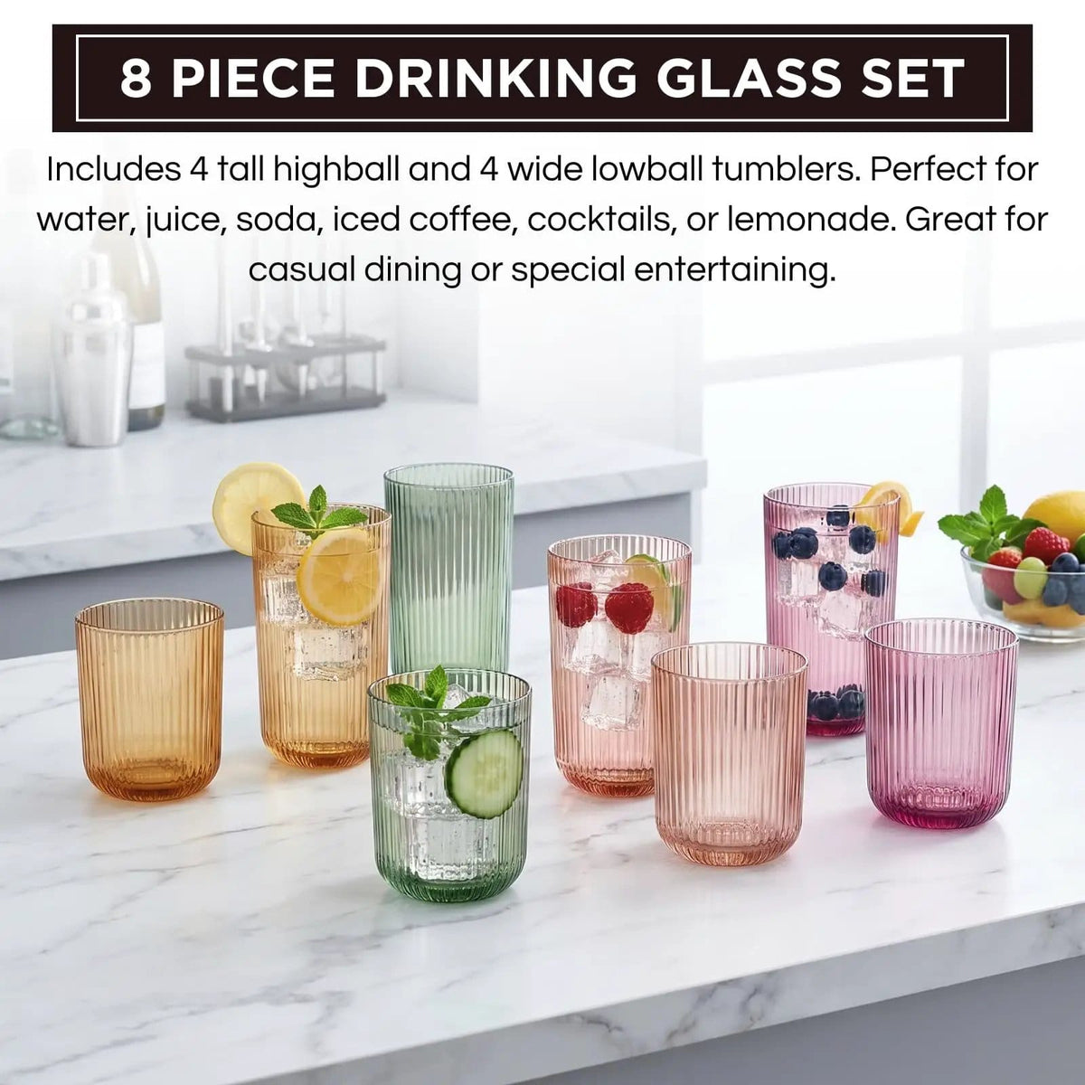 Ribbed Glasses - 4 Highball Glasses & 4 Lowball | 12.85 oz | Set of 8 | Drinkware Set