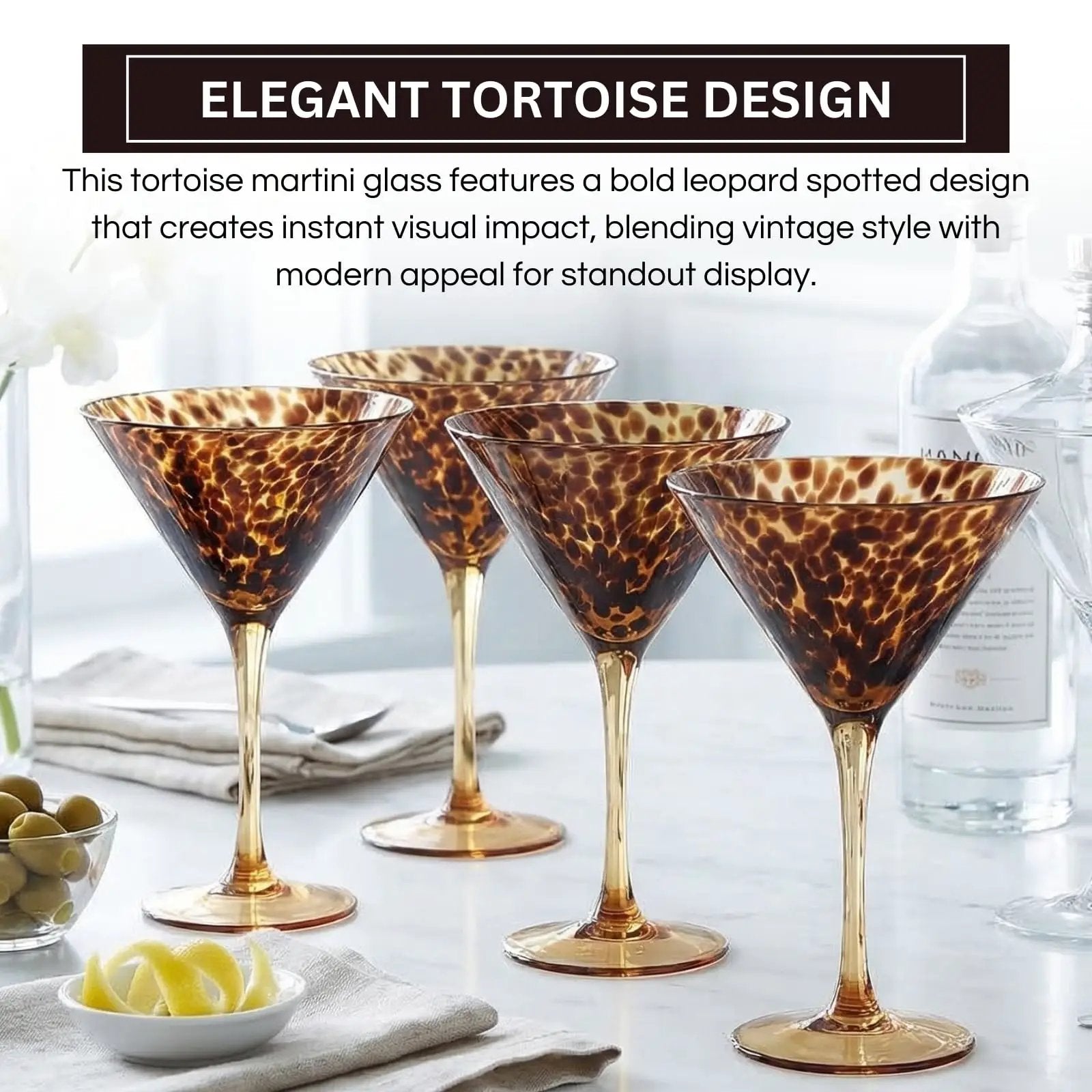 Tortoise Leopard Print Martini 9oz - Set of 4, 7.1" Spotted Borosilicate Cocktail Stem from PriceLows™