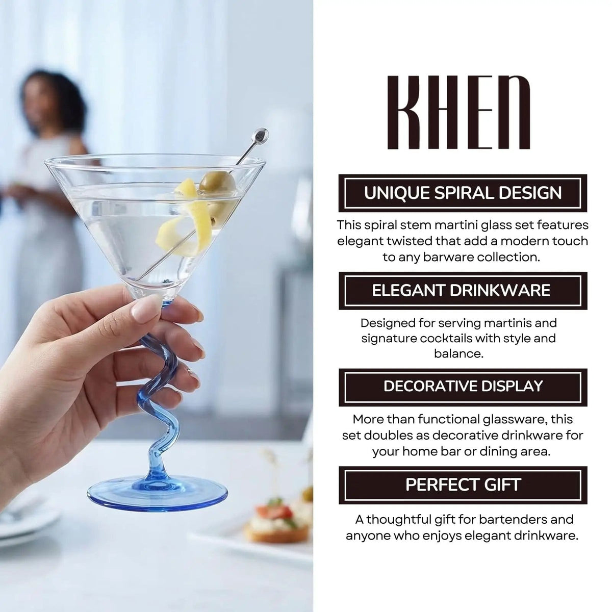 Spiral Stem Martini Glasses, 9.2oz 7.05" Blue | 9.2 oz | Set of 2 | Glass