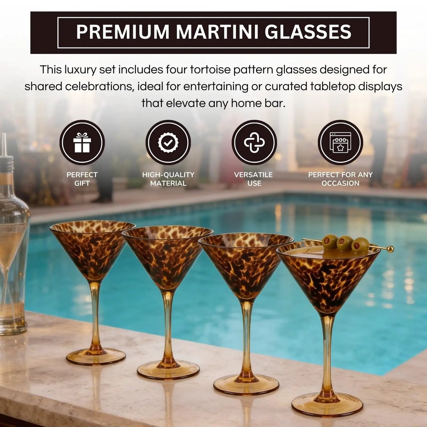 Tortoise Leopard Print Martini 9oz - Set of 4, 7.1" Spotted Borosilicate Cocktail Stem from PriceLows™