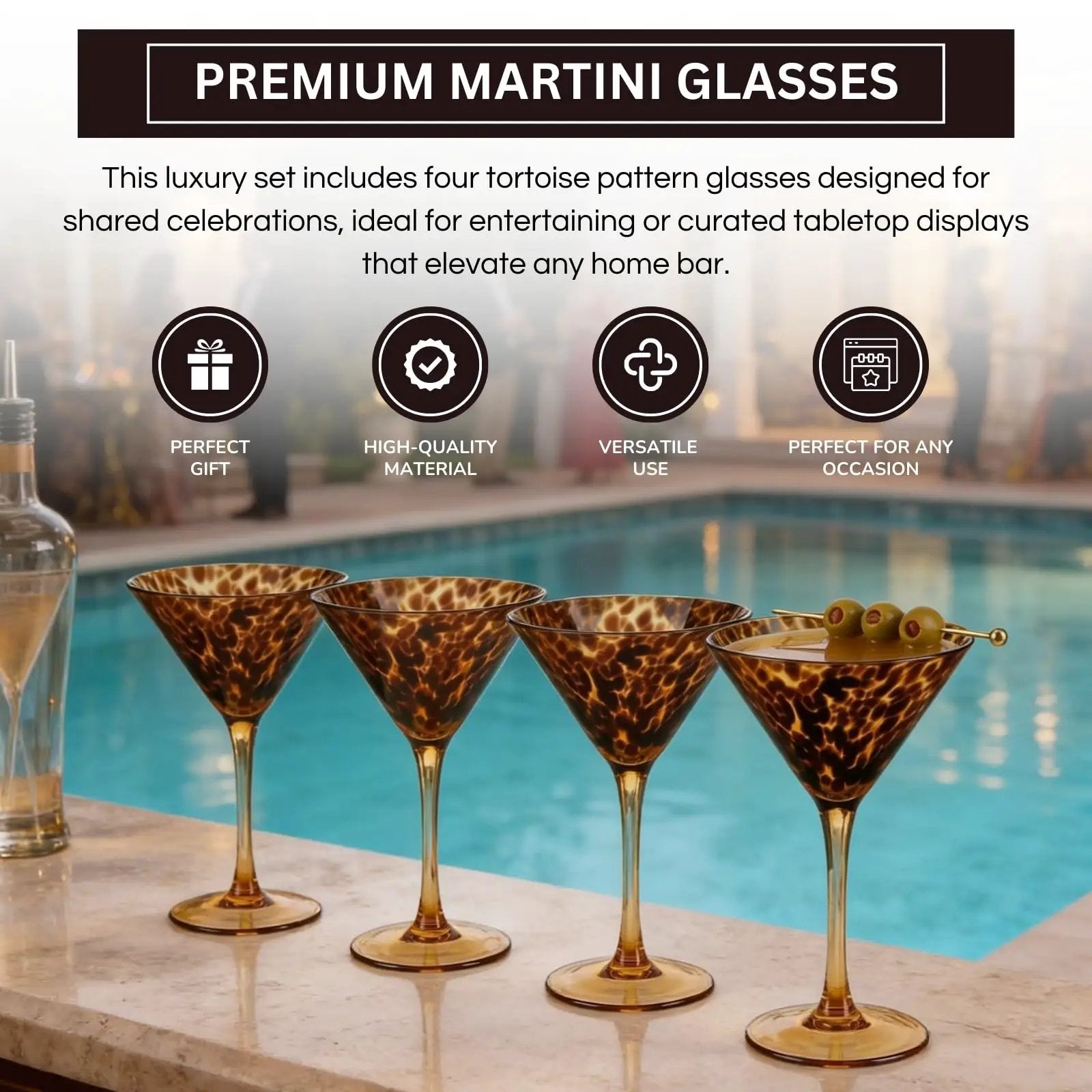 Tortoise Leopard Print Martini 9oz - Set of 4, 7.1" Spotted Borosilicate Cocktail Stem from PriceLows™