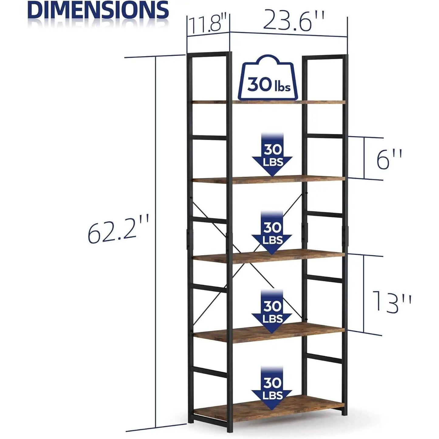 Tall 5 Shelf Vintage Bookcase With Metal Frame Storage from PriceLows™