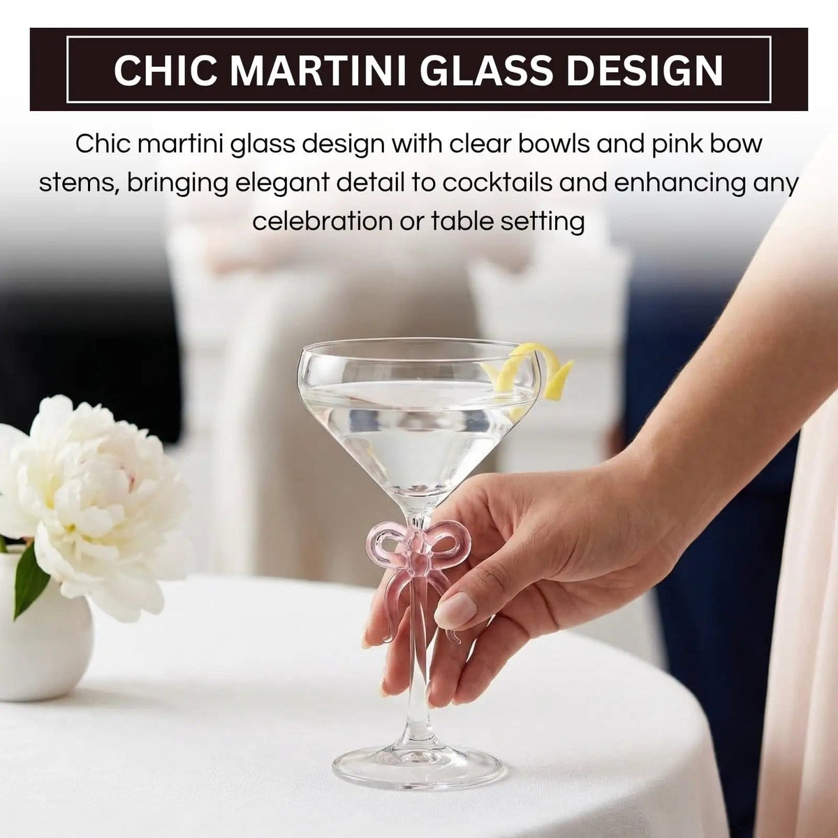 Single Clear Martini Glass with Pink Bow on Stem, One Piece | 10.8 oz | Glass | Cocktail Glass