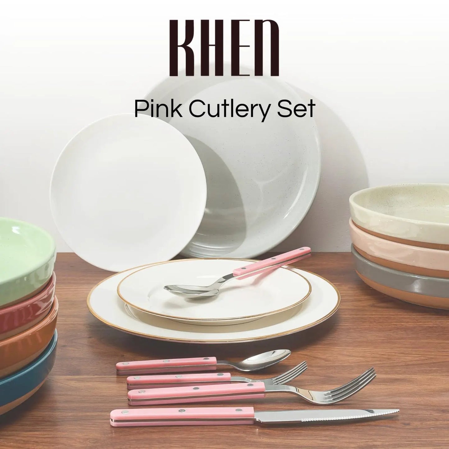 Khen Pink Cutlery Set of 20 –18/8 Stainless Steel Flatware from PriceLows™