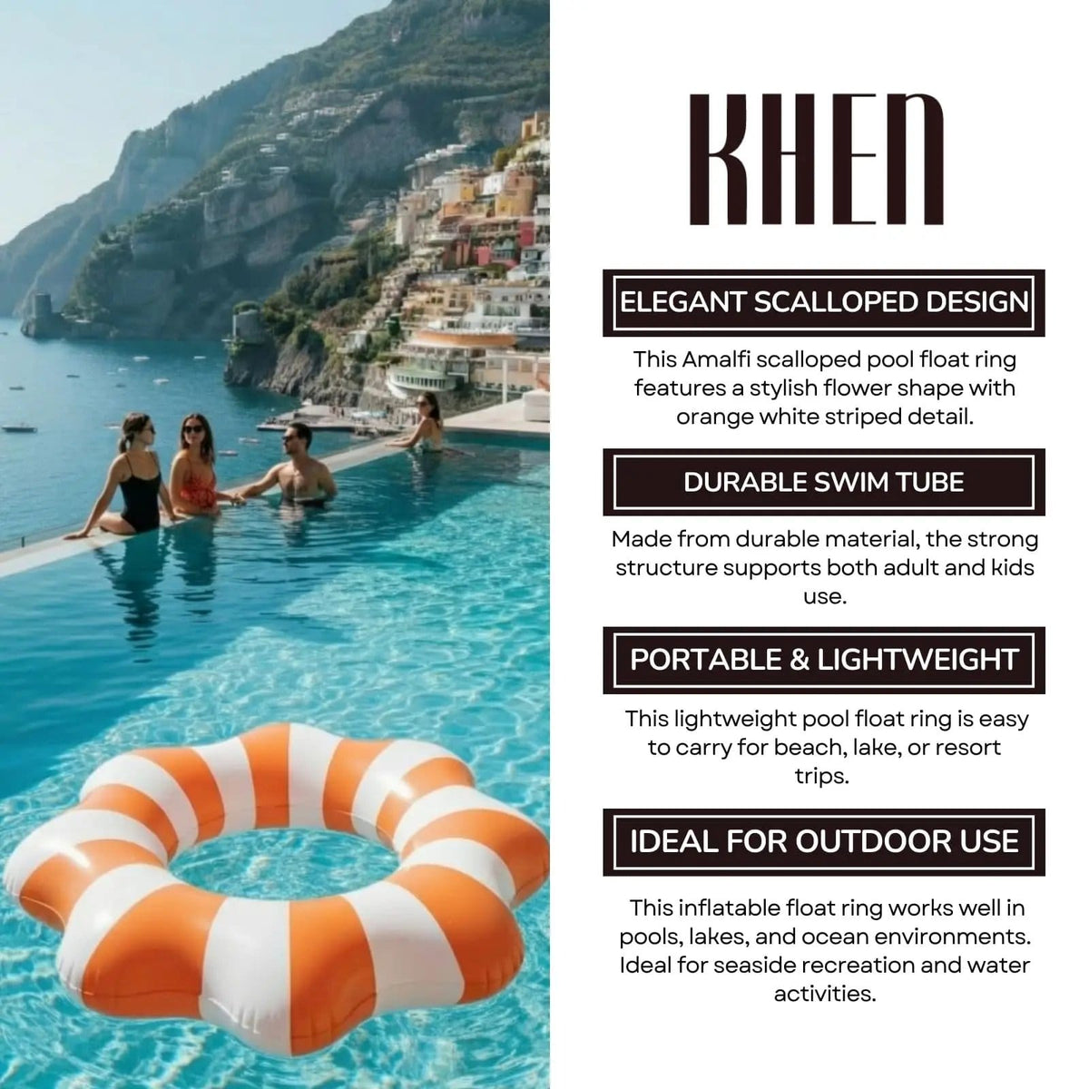 Amalfi Scalloped Inflatable Tube Pool Float Ring - Orange & White | Home Decor | Gift Ready