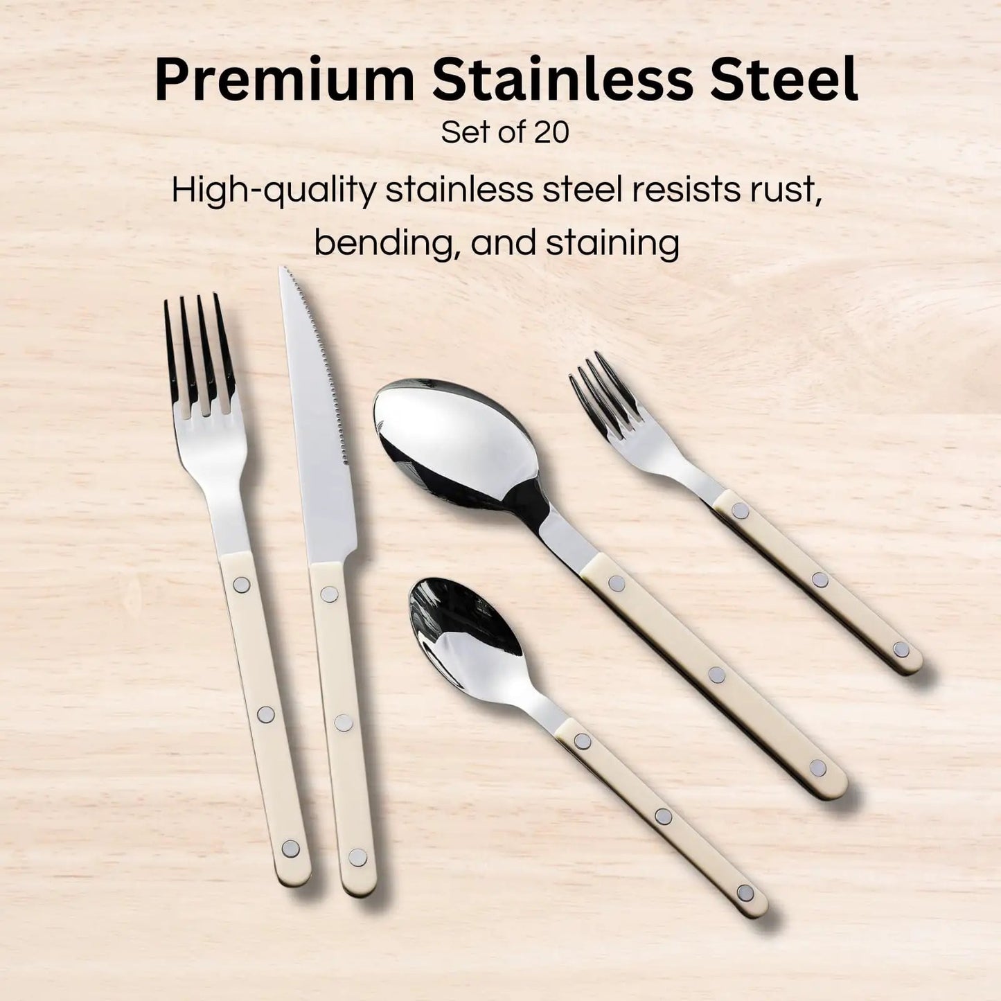Khen Cream Cutlery Set of 20 –18/8 Stainless Steel Flatware from PriceLows™