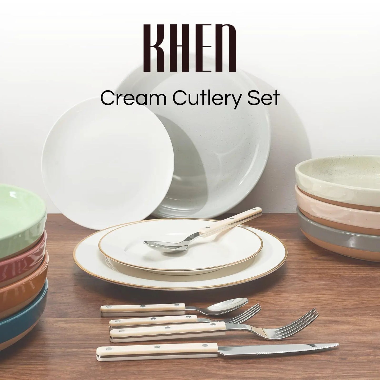 Khen Cream Cutlery Set of 20 –18/8 Stainless Steel Flatware from PriceLows™