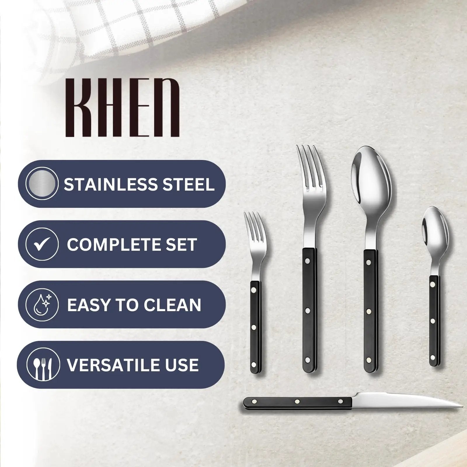 Khen Black Cutlery Set of 20 –18/8 Stainless Steel Flatware from PriceLows™