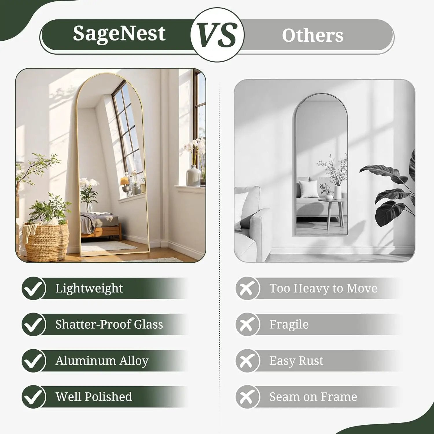 Mirror Full Length 64"X21" Full Body Floor Mirror with Stand, Shatterproof Glass, Aluminum Alloy Frame, Free Standing Wall Mounted or Leaning Arched Mirrors for Bedroom Living Room Entryway from PriceLows™