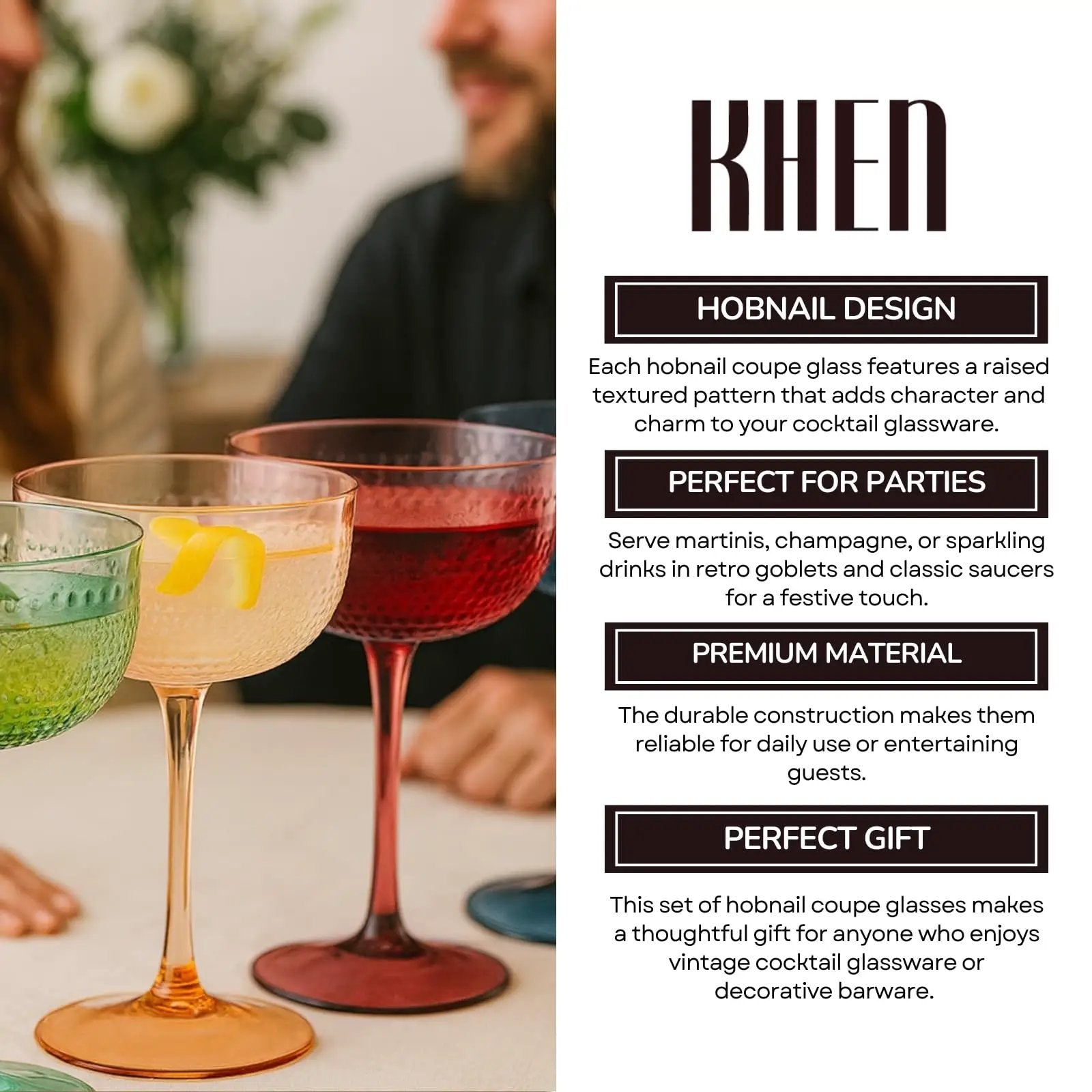 Hobnail Coupes, Cocktail Glass | Set of 4 | Muted Colors from PriceLows™