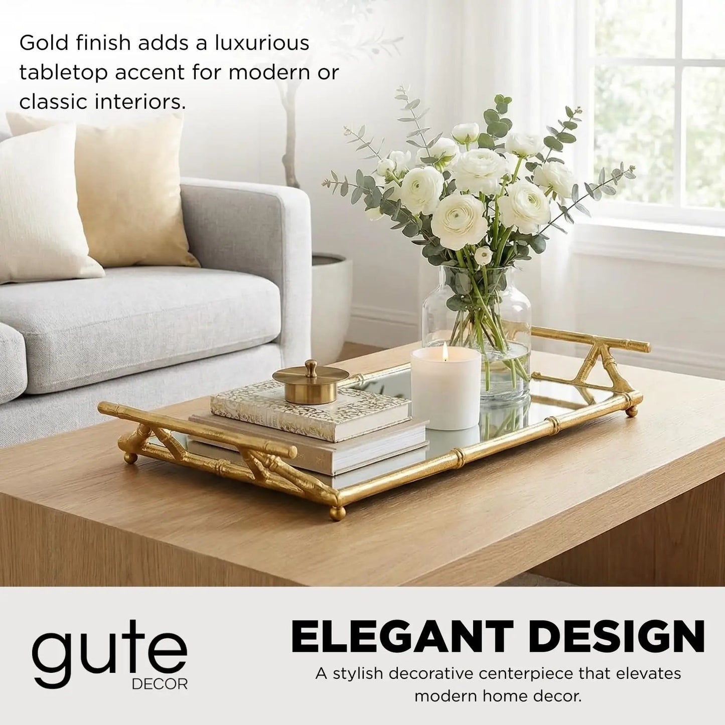 Gold Mirrored Decorative Tray, 20" Large Rectangular Aluminum Bamboo Frame from PriceLows™