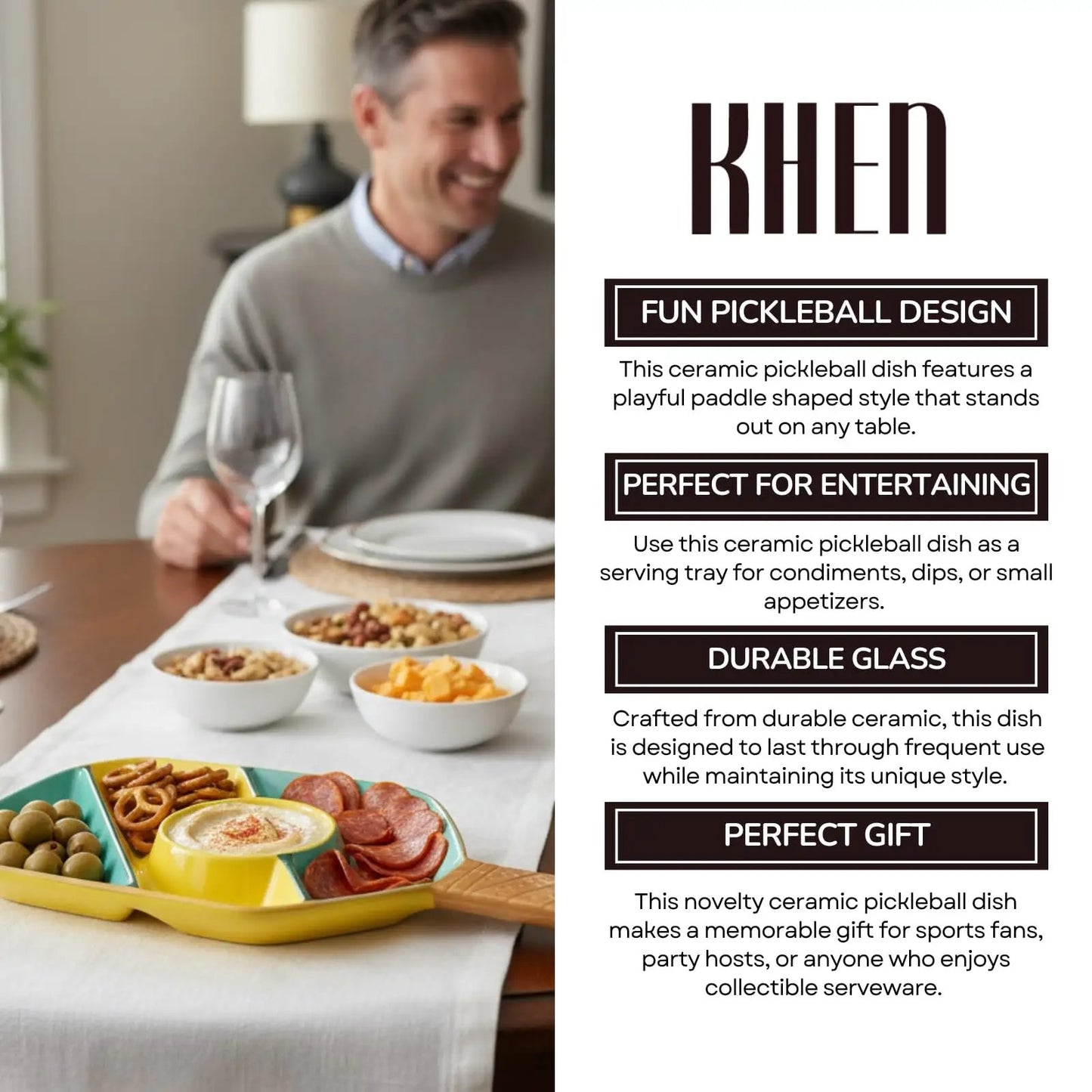 Khen Ceramic Pickleball Dish | Paddle Shaped Serving Tray Platter Decorative Tableware from PriceLows™